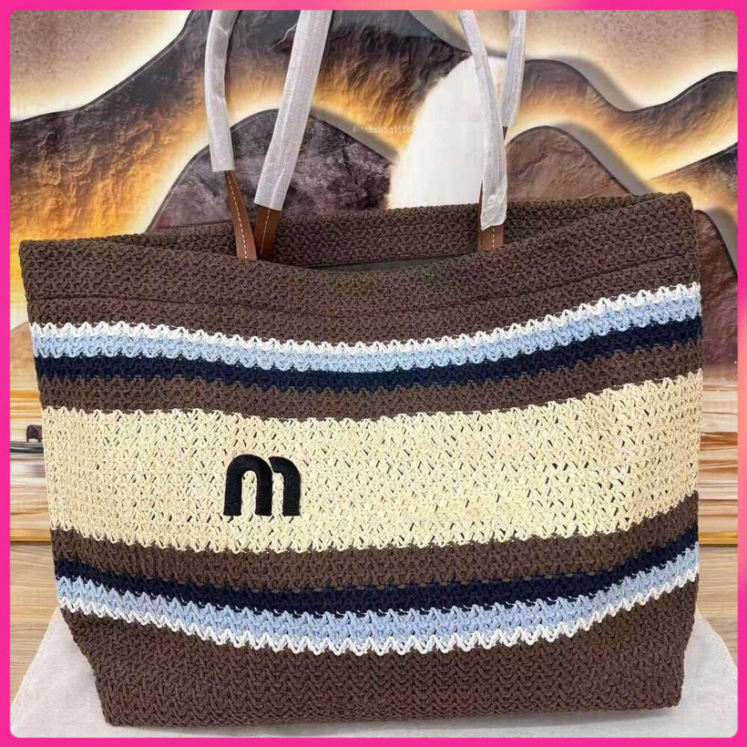 Luxury Designer Women Hollow Out Woven Straw Shoulder Tote Bag Large Capacity Beach Vacation Travel Shopping Handbag Embossed Logo Letter Detail Cro