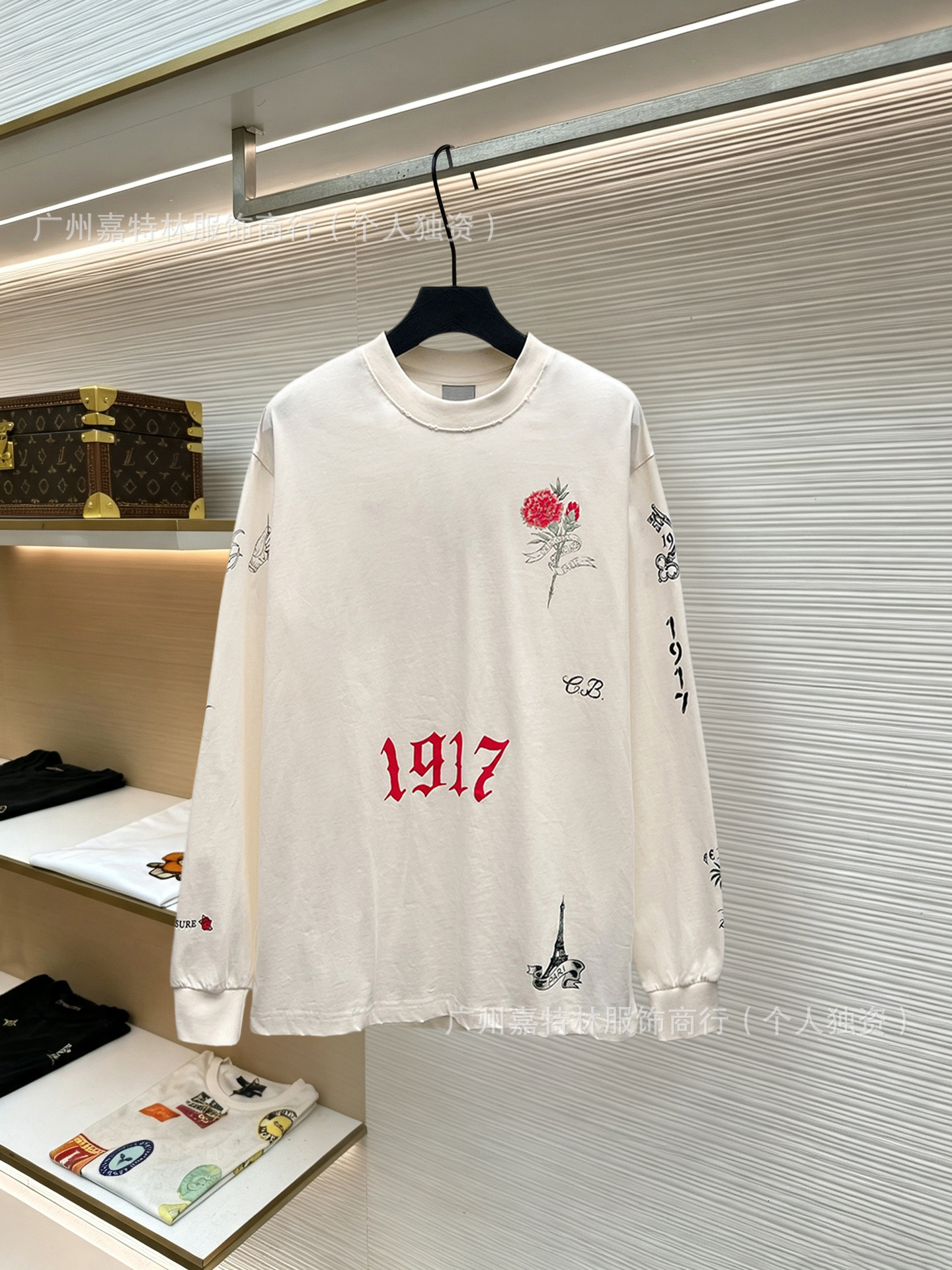 Parisian summer 1917 rose-print long-sleeve trendy unisex top, designer luxury suitable both men women, for export and cross-border sales