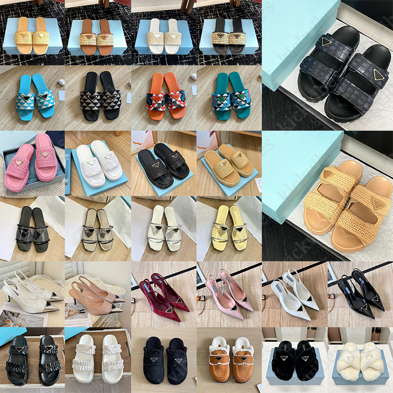 Hot Sale Designer Slippers Sandals Women Fashion White Black Blue Khaki lady fur Slides Summer Flat Mule Platform Flatform heel warm women luxury Da