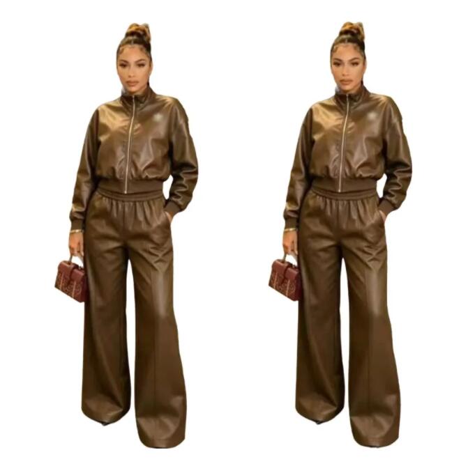 designer leather Tracksuit Luxury Women Windbreaker Suits Waterproof Sweatsuit Stand up collar zipper jacket high waist wide leg two-piece set