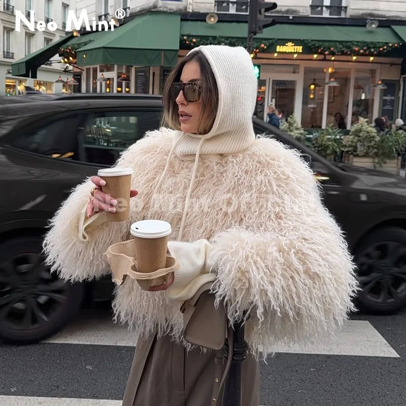 Neo Mint Chic Street Girls Round Neck Faux Mongolia Sheep Fur Coat Women Winter Fluffy Warm Fur Jacket Cropped Outerwear 261015