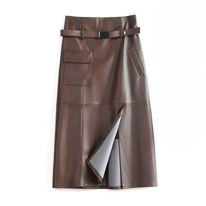 New Slit High Waisted Slimming Mid Length Leather Skirt For The Autumn Winter Season Women S Clothing Simple Style Skirts Diaoyuelang