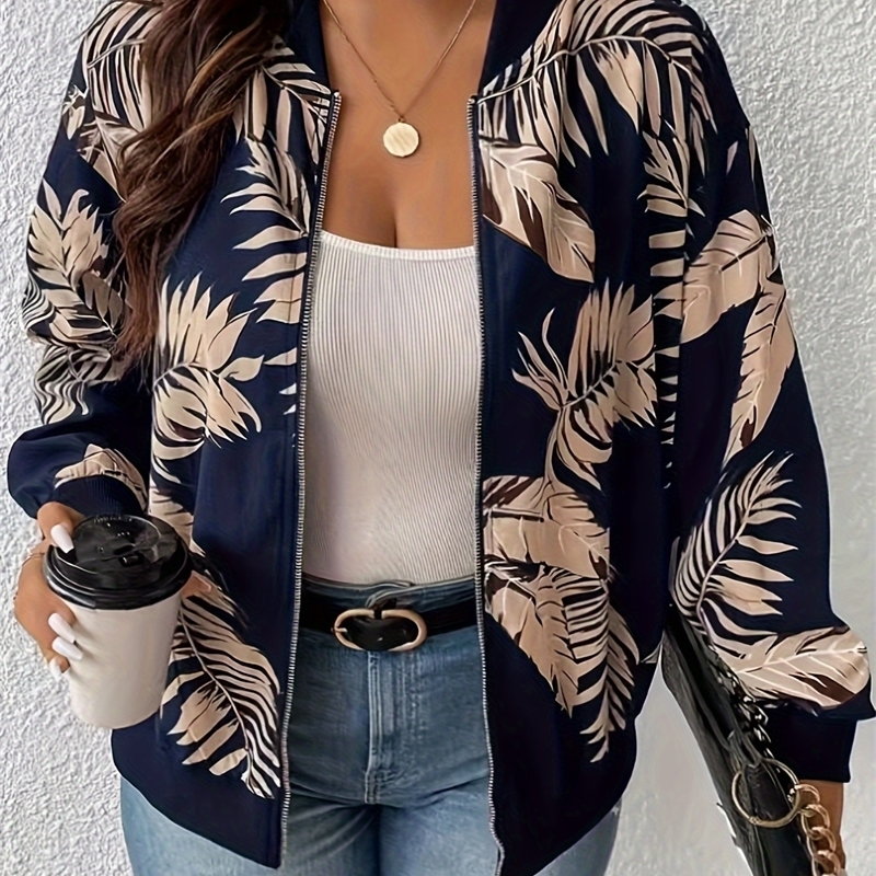 Plus size women's navy blue tropical plant print baseball jacket zipper casual slimming stand collar coat y261015