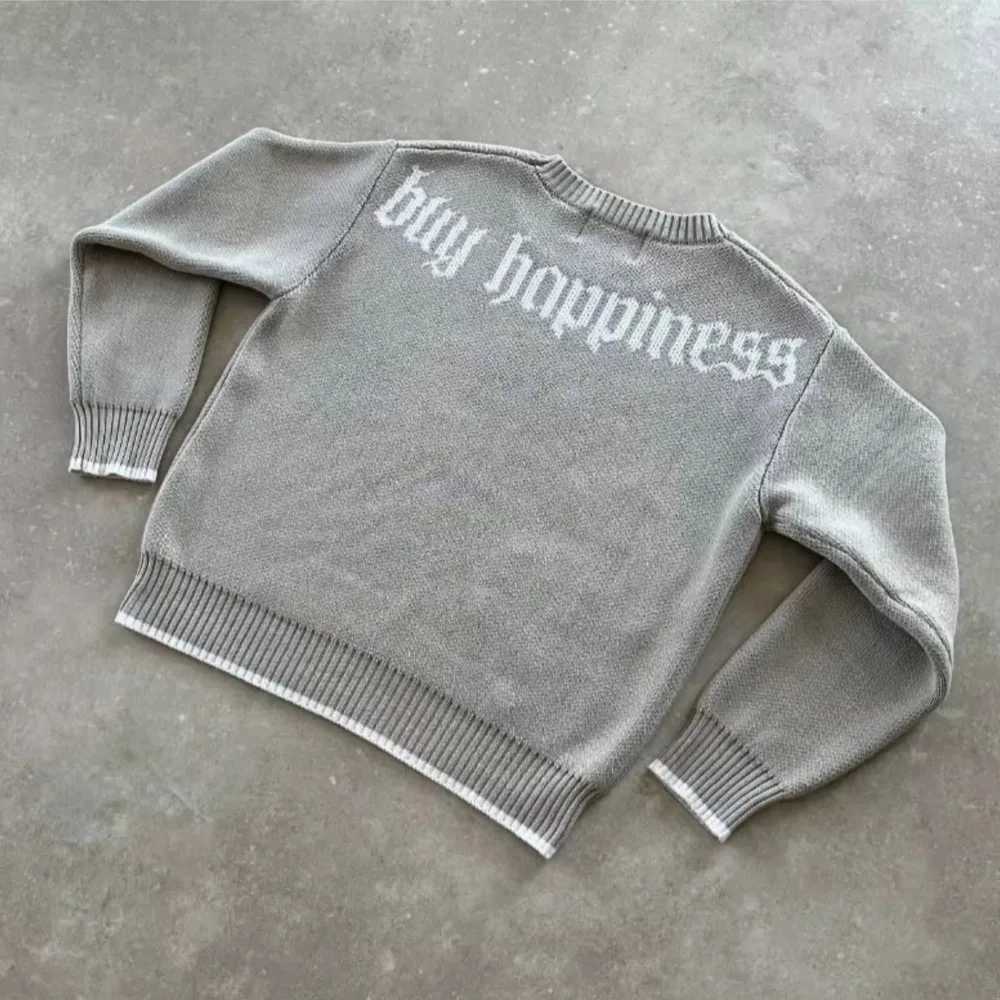 Slve Y2K Long Grey Knit Sweater Dollar Goth Embroidery Pullover Women Retro Casual Strtwear Old Money Men Clothes Unisex Top M261016