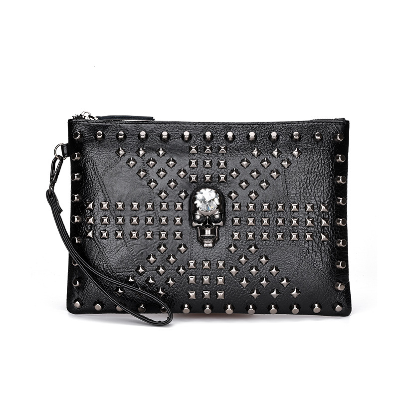 Luxury Brand Designer Bag New Men's Clutch Bag With Skull Design, Personalized Studded Designer Clutch, Large Capacity Envelope Bag, Trendy
