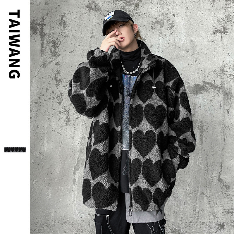 Thai King Men's Fashion | Trendy Oversized Lambswool Men, 2024 Autumn/Winter New Collection, Black Spade Heart Cotton Jacket for Men