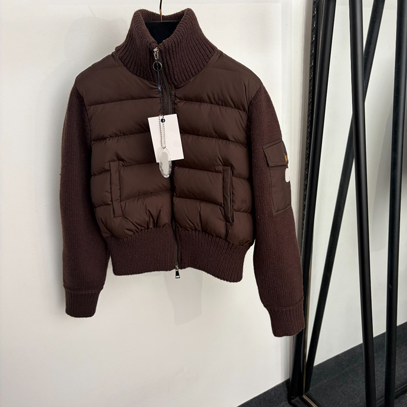 Luxury Knit Patchwork Puffer Coat Women Stand Collar Cropped Cotton Padded Jacket Winter Versatile Street Style Outerwear