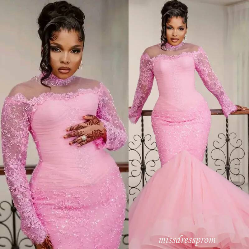 Plus Size Pink Prom Mermaid Evening Dresses For Special Occasions High Neck Tiers Crystals Pearls Party Dress Second Reception Gowns Am3856