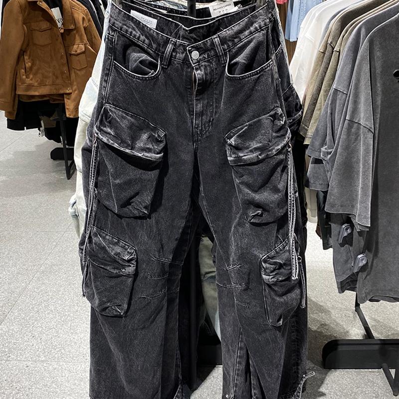 Jeans à jambes larges et amples pour hommes, pantalon Cargo évasé, Denim délavé, multi-poches, cordon de serrage, Streetwear décontracté