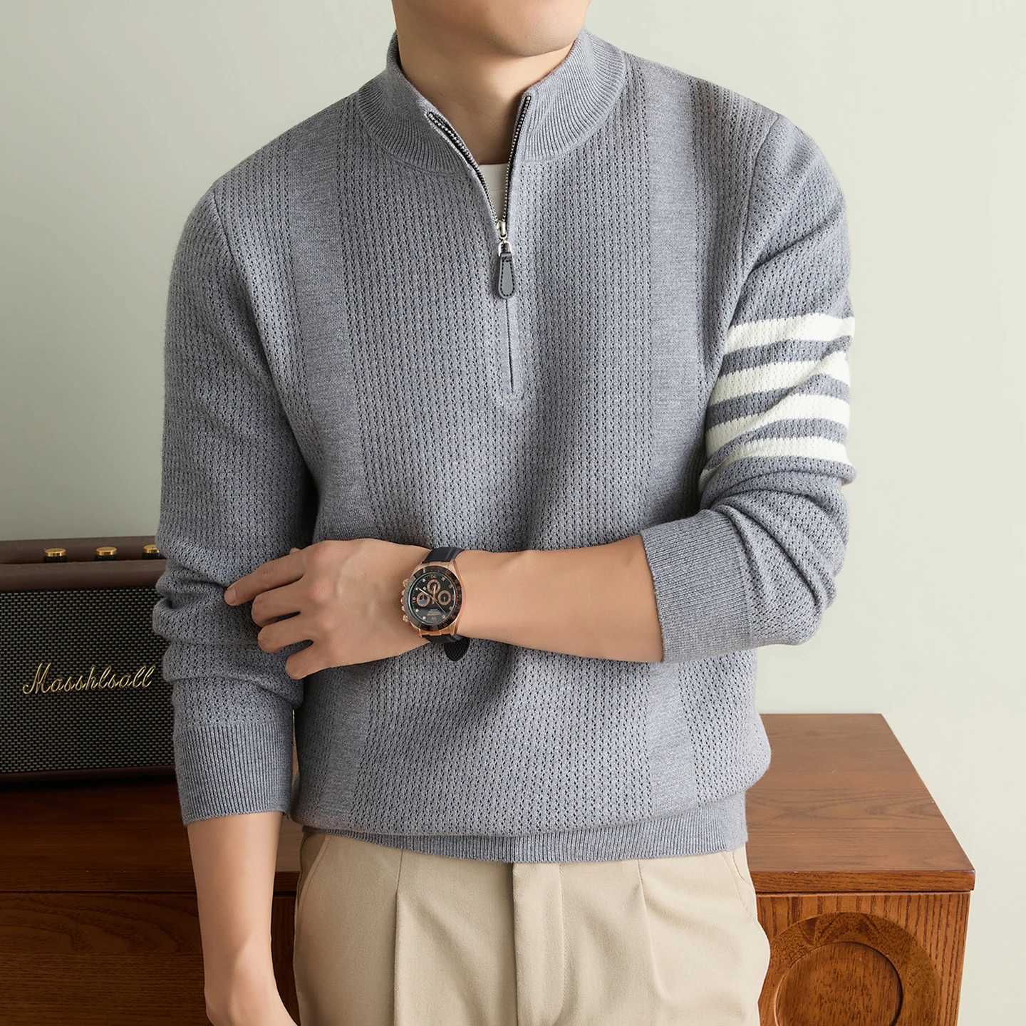 Sweater Half-high Neck High-quty Zipper Men Autumn Winter Trend Designer Brand New Striped Casual Thick Warm Knitted Pullover M261016