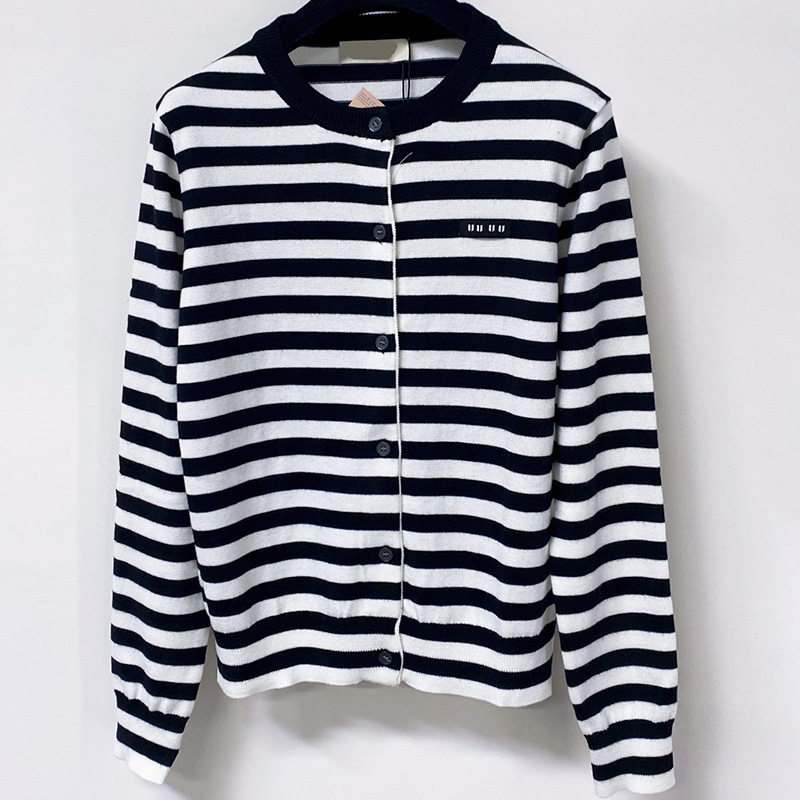 Round Neck Knitted Cardigan For Women Stripe Button Front Long Sleeve Knit Jacket Autumn Winter Casual Daily Wear Sweaters
