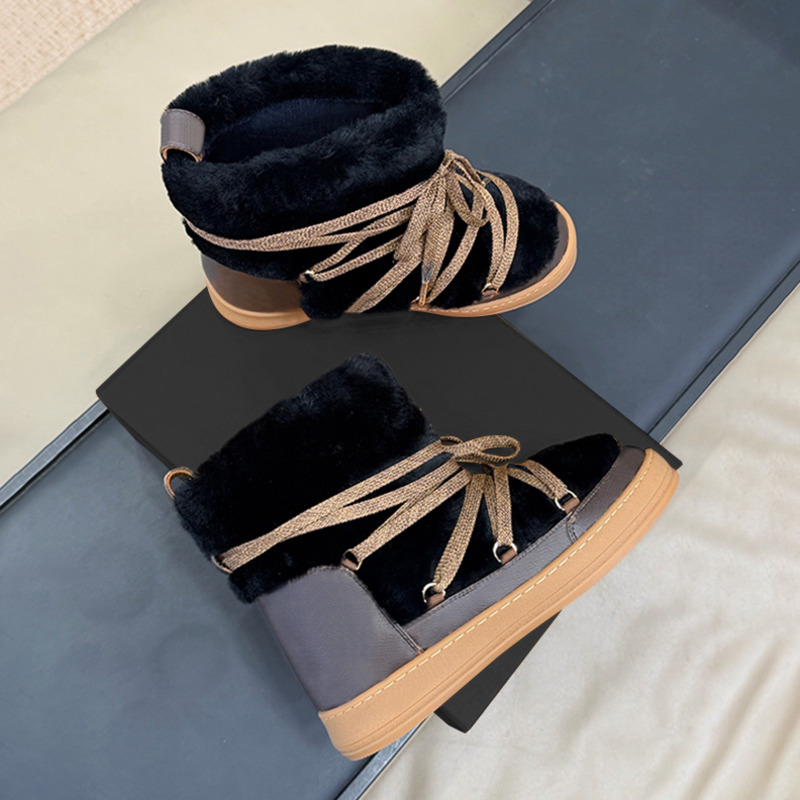 100% Real Down Women Shearling Boots Designer Cloud Ankle Boot Lace-up Ski Boots Winter Snow Boots Non Slip Chunky Sole Printed Leather Casual Train