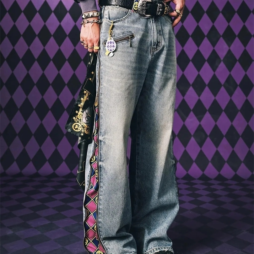 Anime Zip Off Panel Jeans Men Women High Waist Wide Leg Detachable Print Denim Pants Purple Gold Patchwork Straight 261016