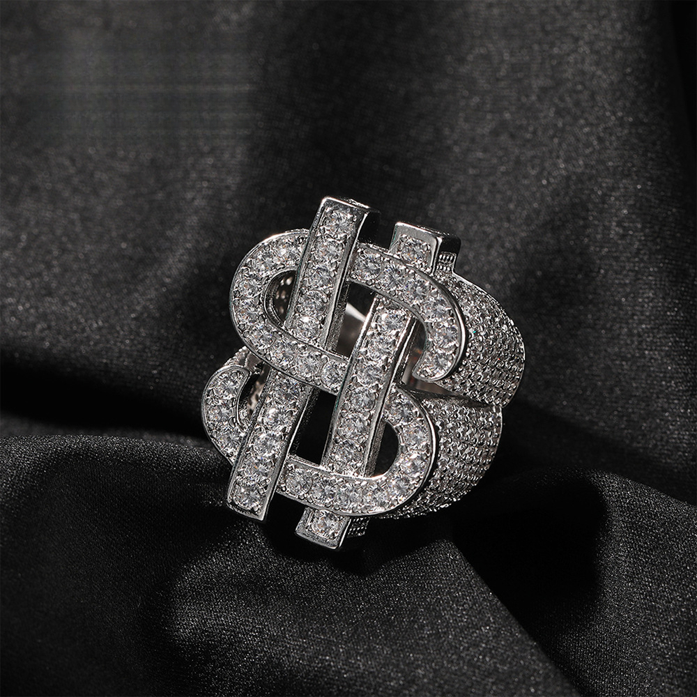 New Luxury Iced Hot Selling Hip-Hop HIPHOP Hollow Dollar Sign Full moissanite Trendy Personality Out D VVS Diamond Men's Ring Luxury Iced