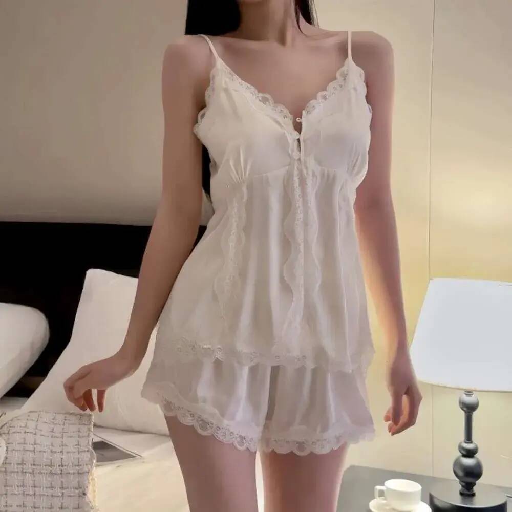 Women Pajamas Women's Summer Pajamas New Ice Silk Sexy Lace Strap Pure Desire With Chest Pads loungewear Homewear Set Thin Style Sleepwear f7d