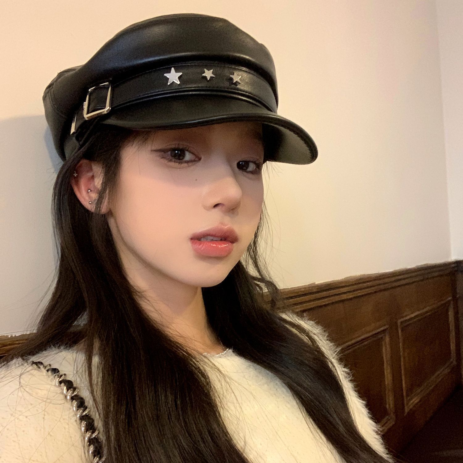 PU Leather Black Octagonal Hat Retro Autumn Winter Duckbill For Women Korean Version Casual Versatile Japanese Style Newsboy Cap Trendy Soft Top Lux