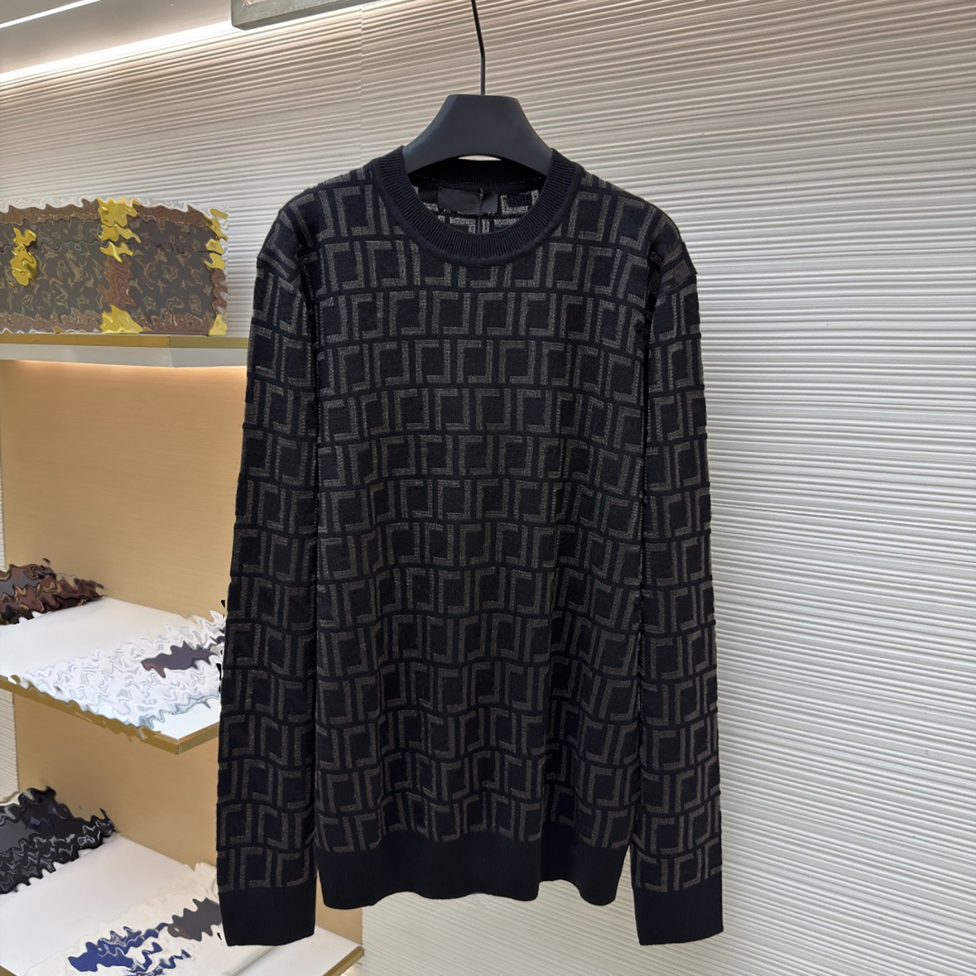 Designer brand clothing, high-quality men's black and gray double F-flower knitted sweater, light luxury round neck pullover sweater, dark patt