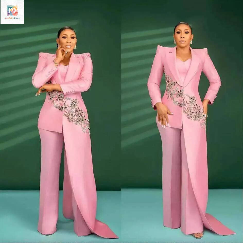 Luxury Baby Pink Women's For Wedding 2 Piece Sets Beading Appliques Crystals Business Slim Fit Women Mother Banquet Party Suits Customized Mb01