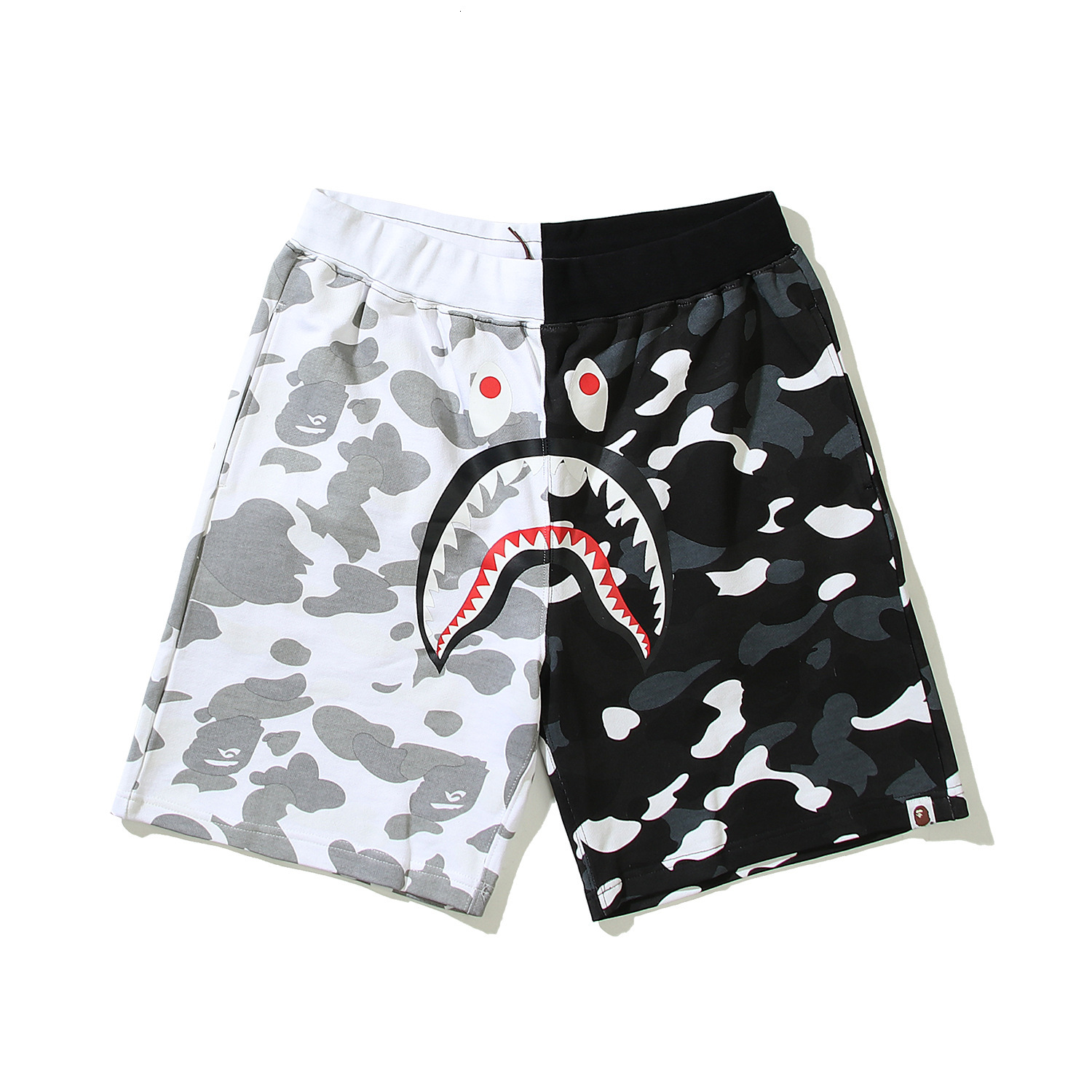 Cross-border wholesale of color-block summer designer shark-patterned five-point pure cotton fleece Luxury goods camouflage half-length shorts, casu