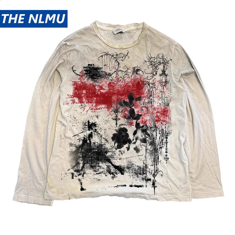 Vintage Long Sleeve T Shirts Graffiti Graphic Dirty Washed T-shirts Loose Casual Tee Tops Unisex Retro Tshirts Y2K 261017