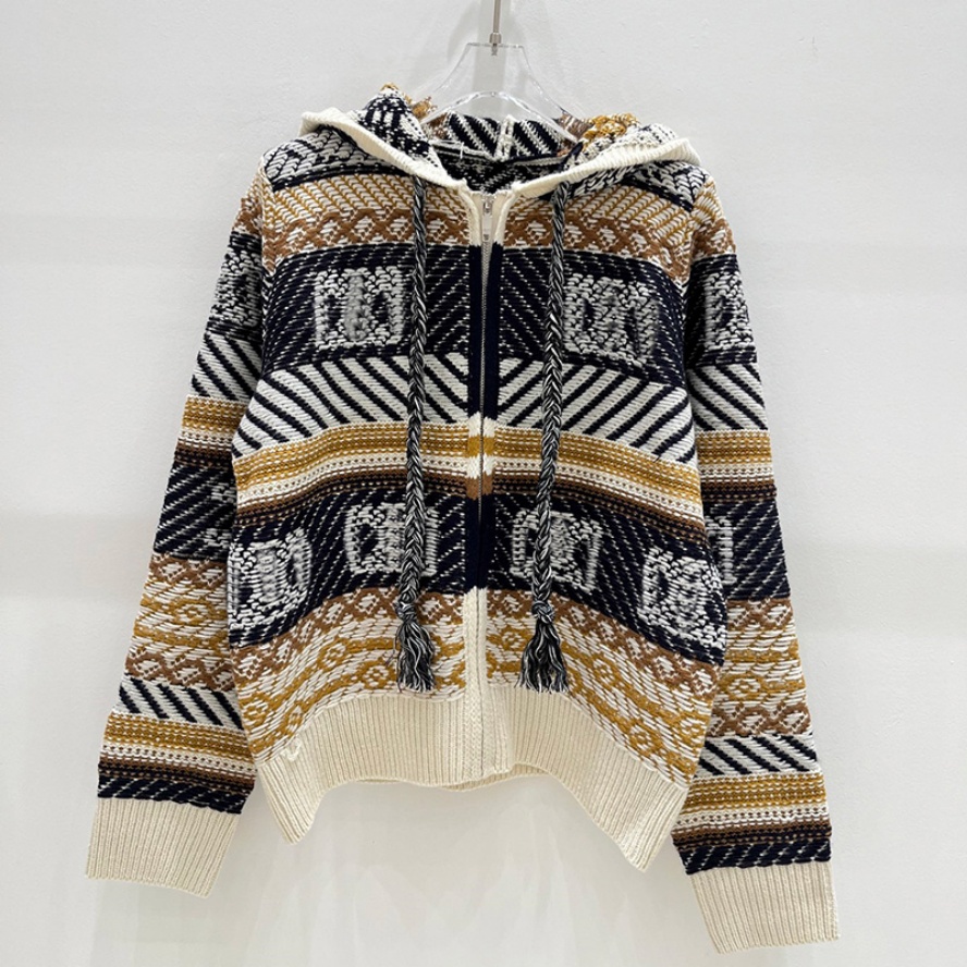 Designer Retro Women Knitted Cardigan Luxury Bohemian Style Hooded Knit Sweater Cardigan Fall Winter Loose Travel Cardigan