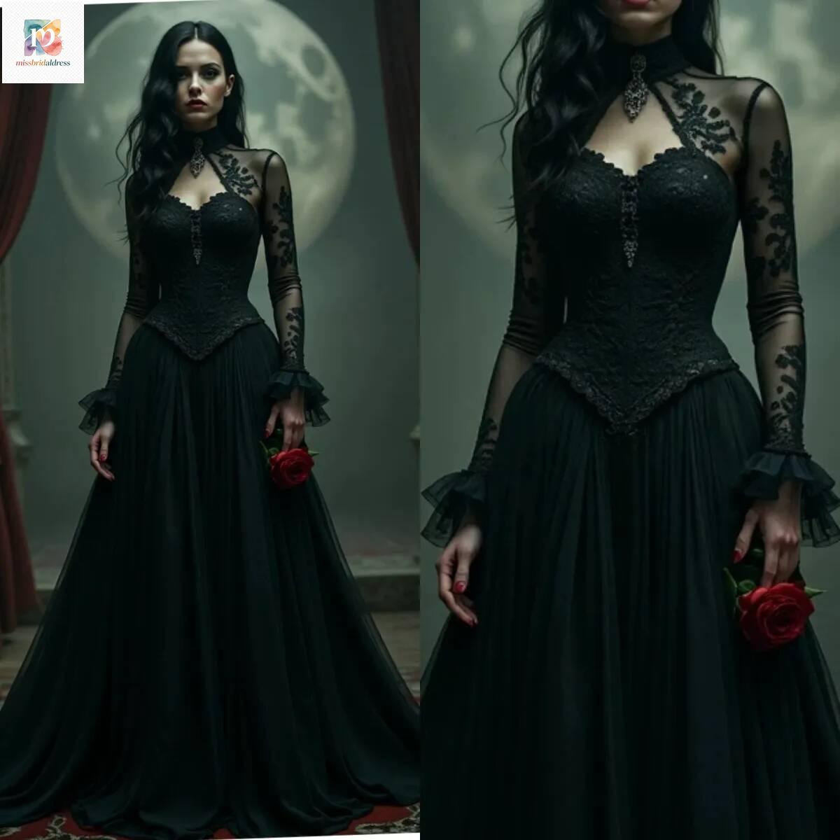 Long Sleeves Black Gothic Wedding Dresses A Line Keyhole High Collar Vintage Bridal Gown Lace Appliques Princess Waist Mb019