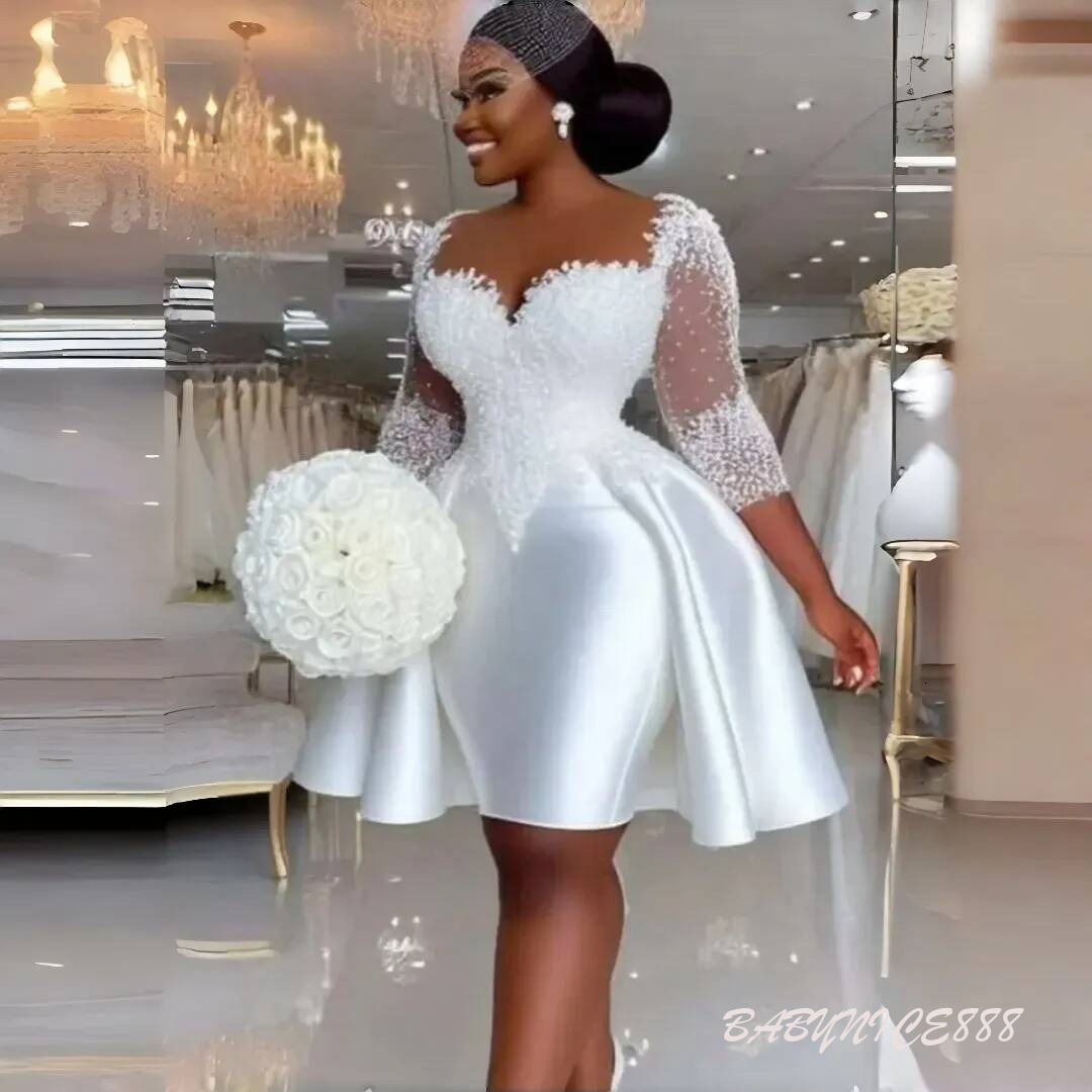 New Short Civil Wedding Dresses Beaded White Satin Bridal Gowns Three Quarter Sleeves Black Girls Garden Bride Dress