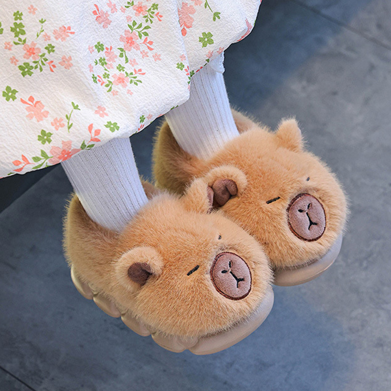 Cute Cartoon Capibala Furry Indoor Children 2025 Winter Non Slip Thick Bottom Home Slippers Warm Plush Children's Slide J261019
