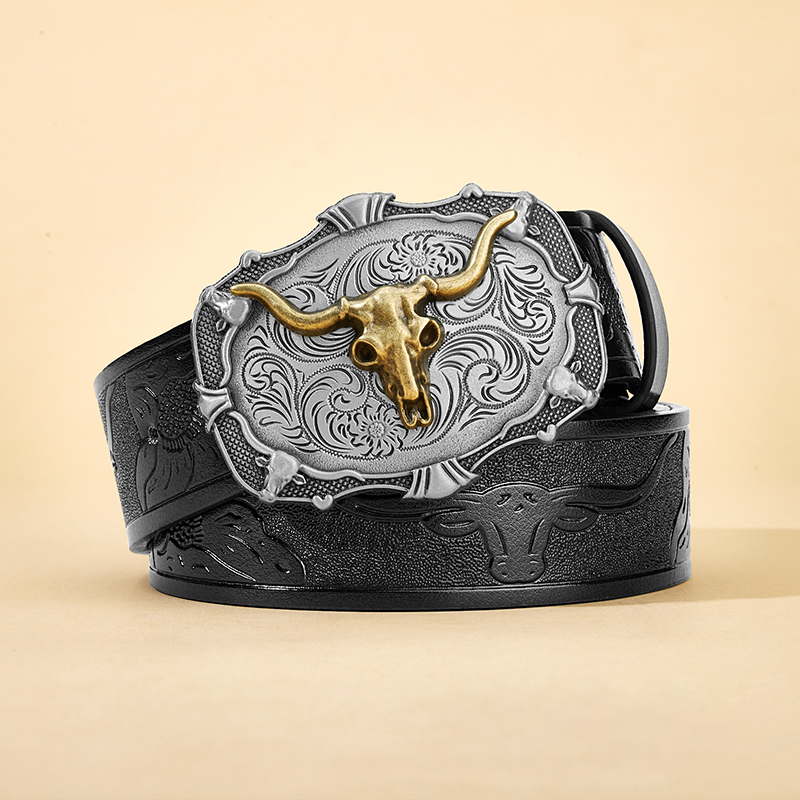 Men's Vintage Western Cowboy Leather Belt - Men Waist Straps Long Horn Bull Head Buckle Embossed Floral Engraved for Jeans 26Y1019