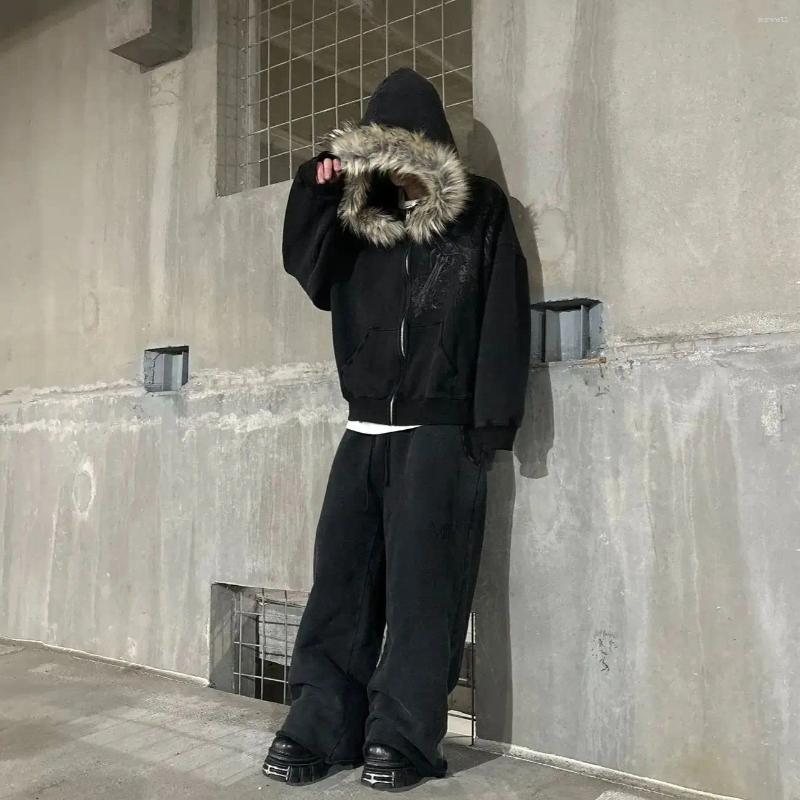 Harajuku Hoodie With Faux Fur Collar Women Men Graphic Print Zip Up Hip-Hop Punk Gothic Aesthetic Autumn Winter Sweatshirt