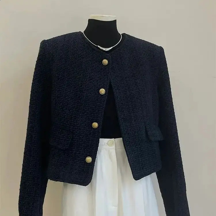 Spring Autumn Women Tweed Basic Jacket For Women O Neck Long Sleeve Single Breasted Short Coat Female Black Vintage Outerwear 261014