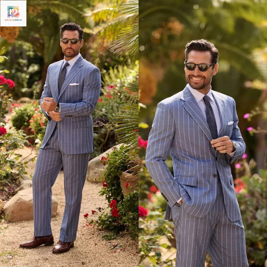 Men Wedding Tuxedos Stripe Notched Lapel Button Groomsmen Suits Two Pieces Sets Custom Made Formal Business Wearing Mb017