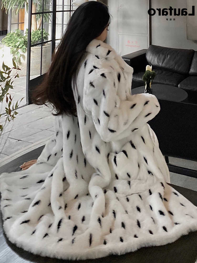 Winter Lautaro Long Thick Warm Fluffy Colorful Black and White Jacquard Fur Coat Women Lapel Loose European S2610164REI