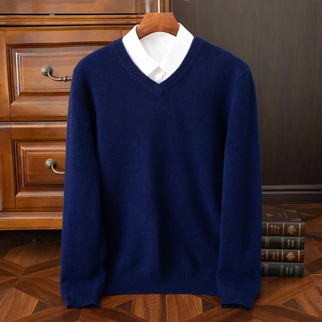 Men's 100% Merino Wool 2025 Cashmere V-neck Sweater Pullover Smart Casual Basic Long Slve Knitwear Clothes Tops Autumn Winter M261016
