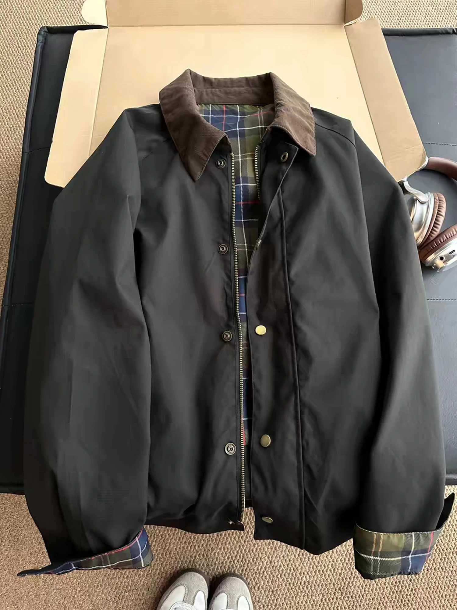 Retro Plaid Patchwork Collar Jacket Men's Casual Black Spring High-End American Hunt Style Zipper Long Sleeve Outerwear T261019