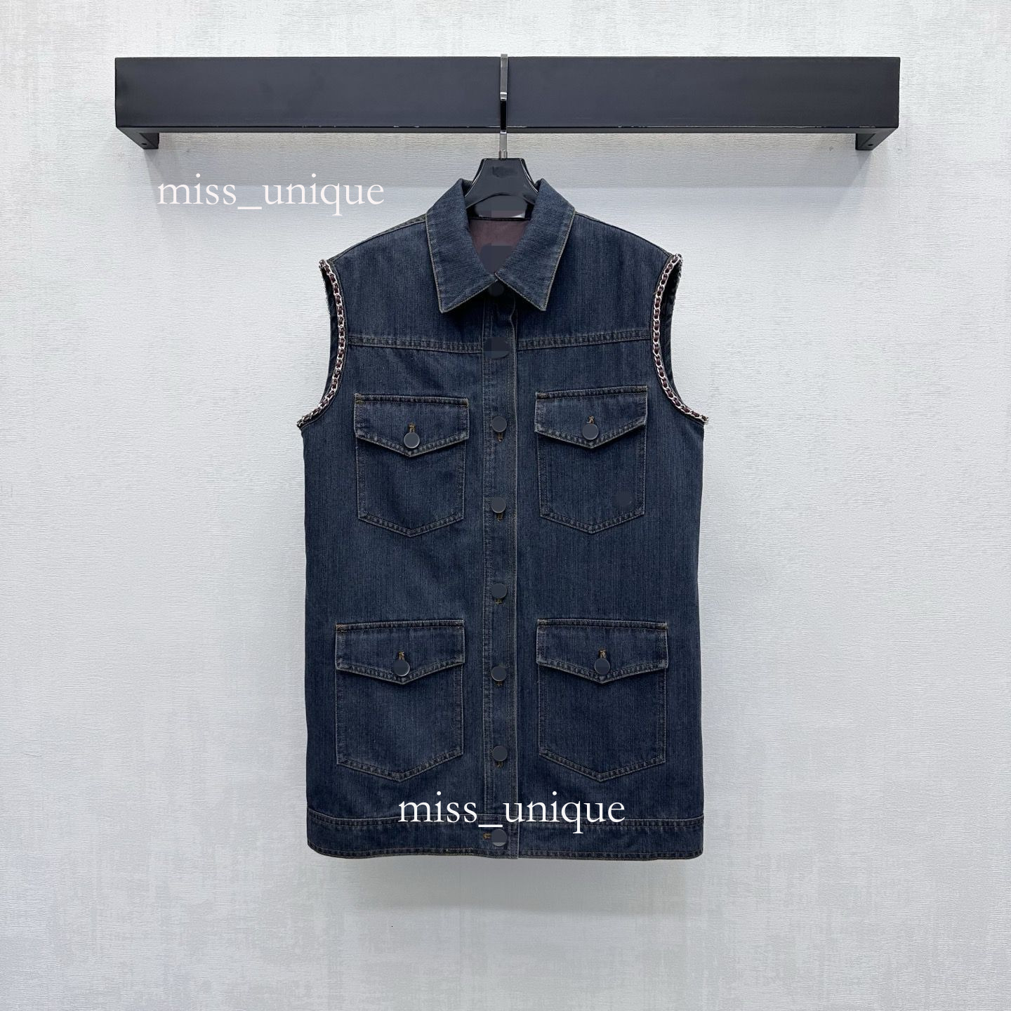 Designer Casual Commute Lapel Single-Row Metal Buckle Chain Red Leather Collar Denim Vest High Version Vest-Style Dress 2e27