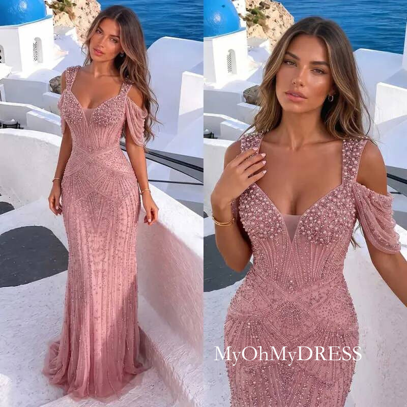Sexy Cocktail Evening Dress Mermaid Pearls Beads Night Prom Gowns Arabic Birthday Dresses Customized Y016