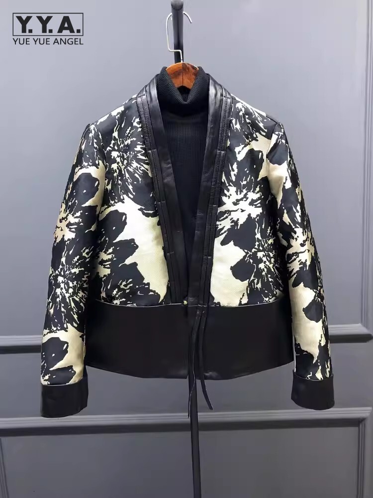 New Chinese Style Printed Patchwork Elegant Women Sheepskin Genuine Leather Jacket V-Neck Spring Autumn Office Ladies Short Coat Mdng261019