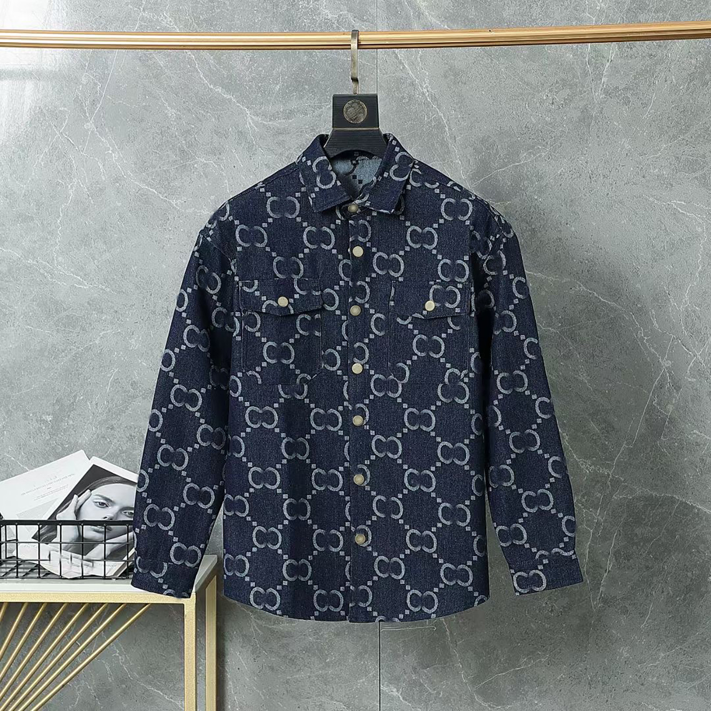 Designer brand clothing, high-quality men's double-G vintage denim shirt, full printed jacquard workwear pocket top, retro light luxury casual