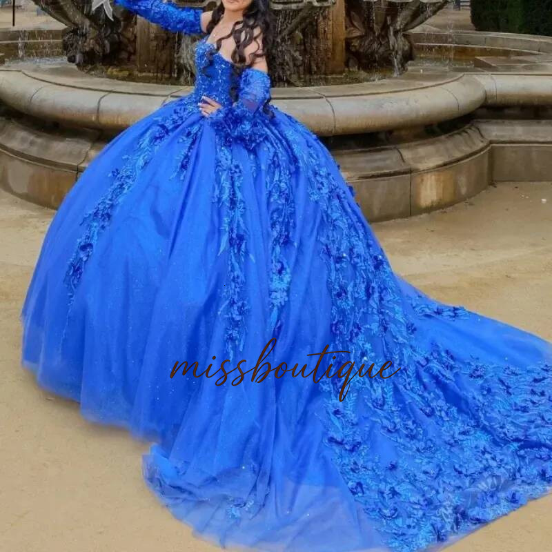 Royal Blue Quinceanera Dress Strapless Sweetheart Ball Gown With 3D Floral Lace Appliques Detachable Long Sleeves Court Train Vestido De Vx Anos Q01