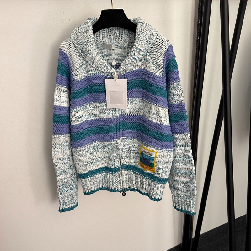 Women new Striped Knit Zip Cardigan Lapel Loose Casual Color Block Luxury Designer Sweater Coat