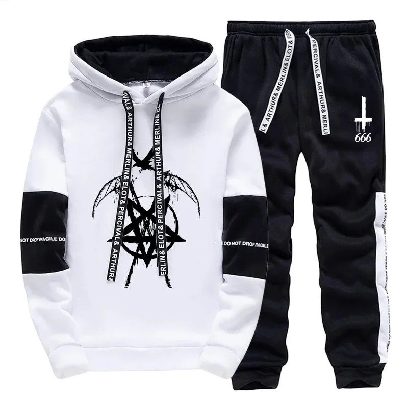 Mens Sweatshirts Sweatpants High Grade Satan 666 Symbol Print Hoodie 2 Piece Set Autumn Winter Daily Casual Sporty Jogging Suit 261019