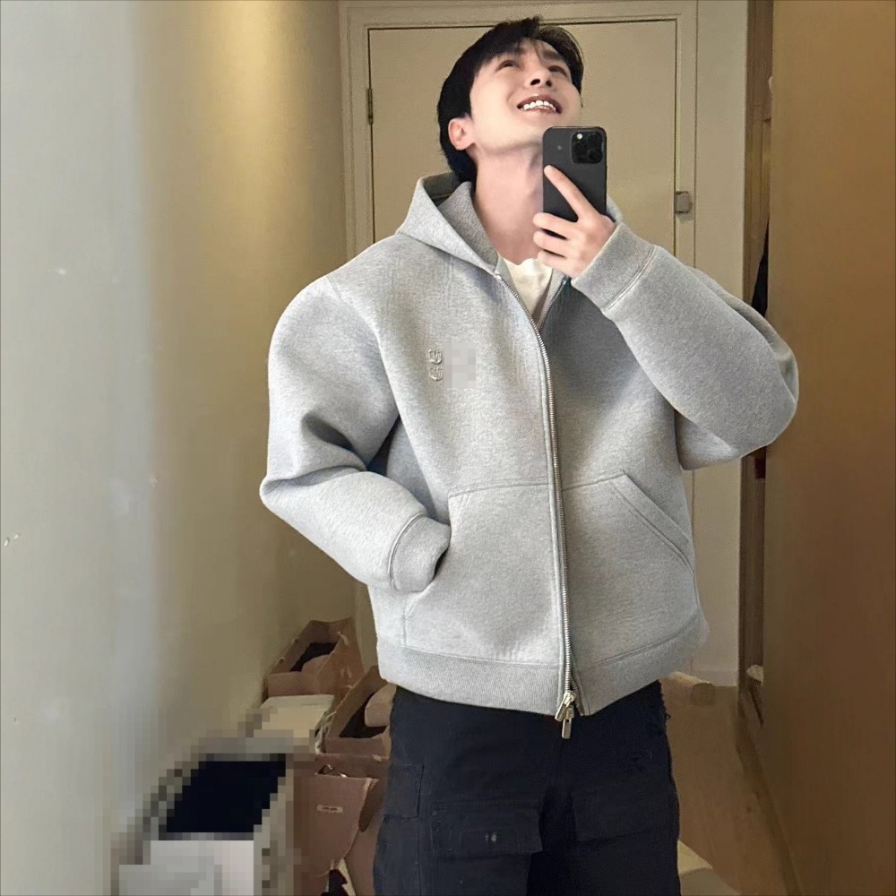 Cotton Autumn Winter Grey Patch Letter Hooded Sweater Loose Casual Jackets