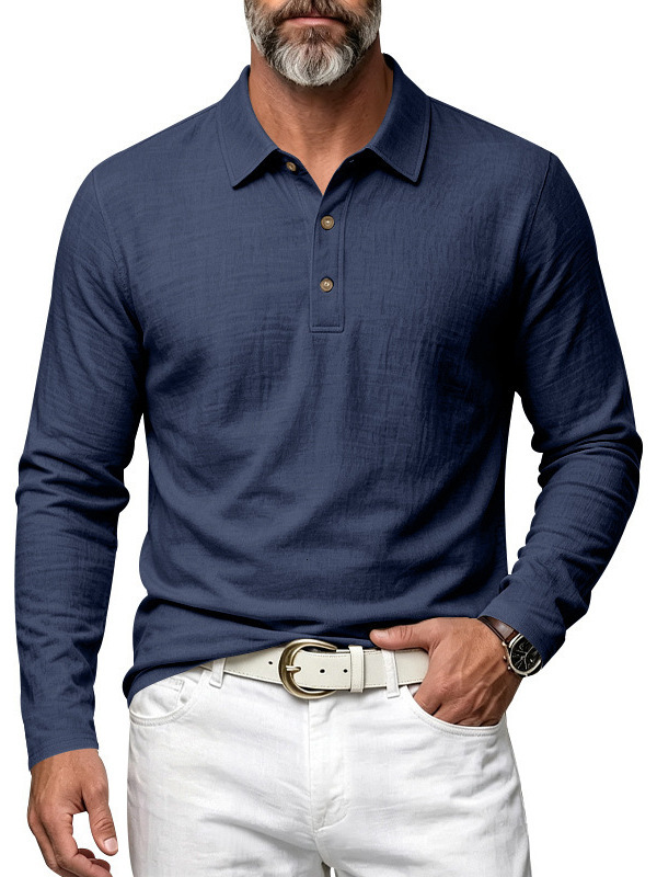 European American style men's linen casual, simple, breathable, versatile, loose-fitting long-sleeved polo shirt spring and autumn, suitable fo