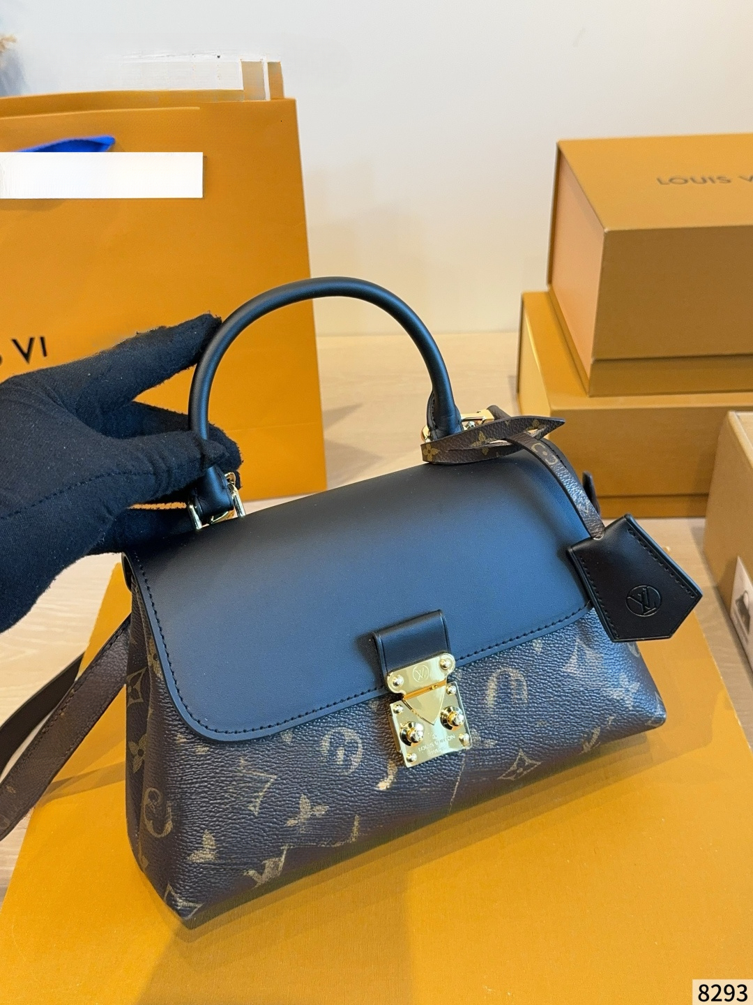 Designer Women Vintage Monogram Print Top Handle Satchel Bag, Color Block Leather Flip Handbag, Gold Lock Hardware Detachable Strap Crossbody Purse