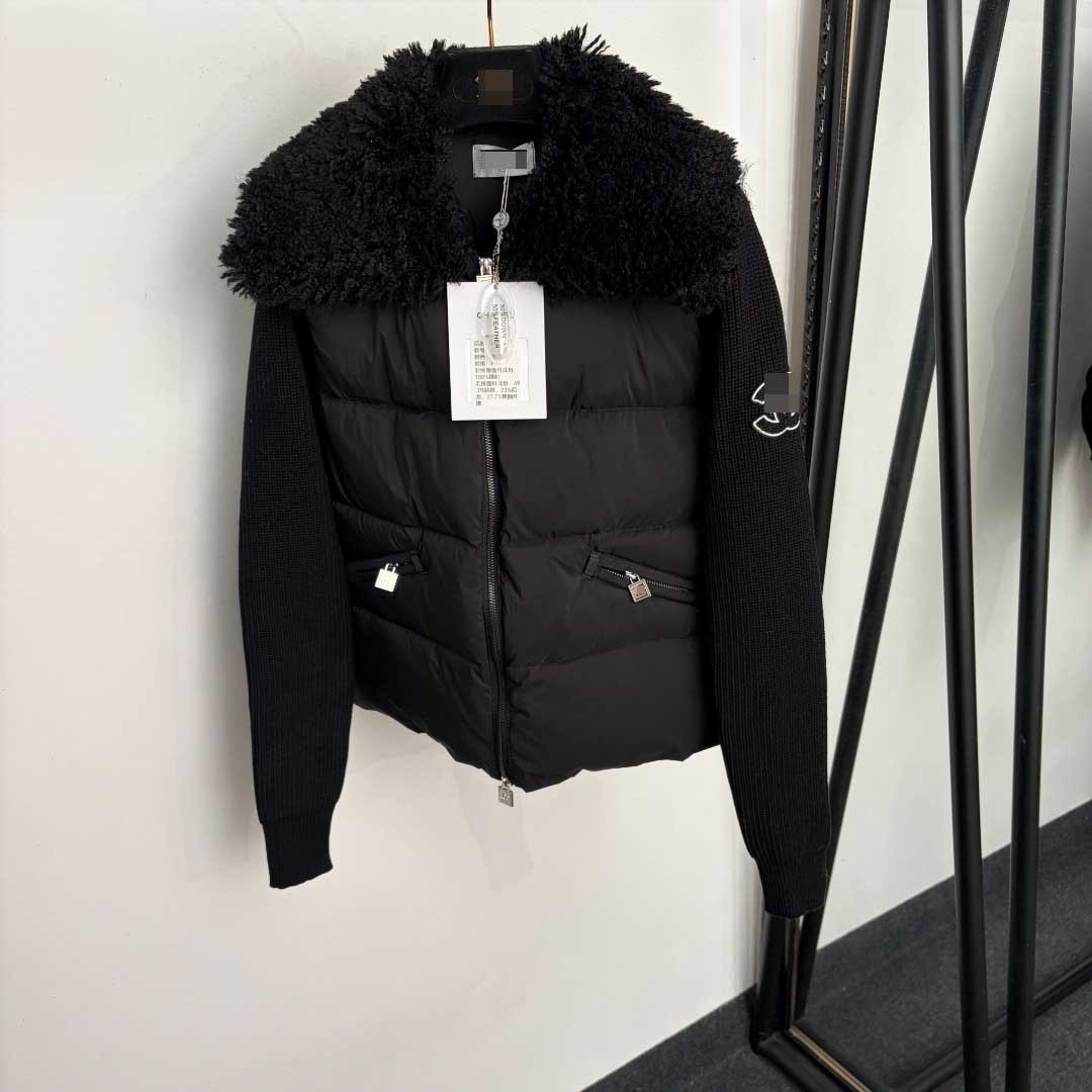 new women faux fur collar knit sleeve spliced padded jacket short zip up cotton coat embroidered letter decor winter warm outerwear
