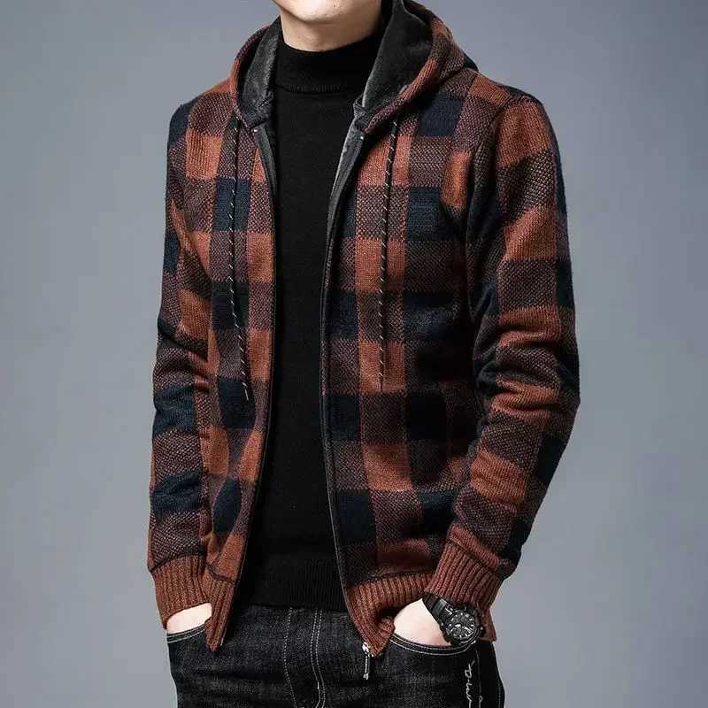 Sweater Male Zipper Plaid Knit Men's Clothing Cardigan Hoodies Zip-up Thick Winter Red Tops Jumpers Casual Stylish Hot Cheap A M261016