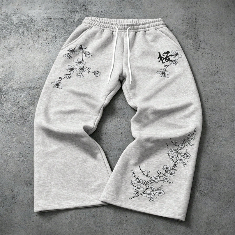 Mens Light Gray Flared Sport Pants Retro Y2K Gothic Style with Cherry Blossom Branch and Chinese Character Prints 261019