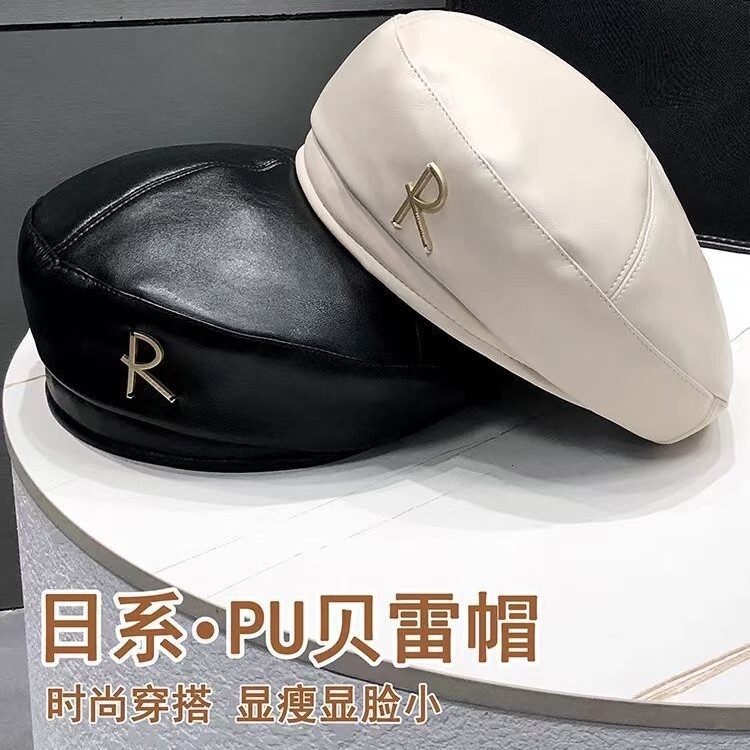 Luxury Cap Brand Designer Hat Luxury Cap Brand Designer Hat Luxury Cap Brand Designer Hat New Japanese-Style R-Logo Letter Leather Beret Women, Vint