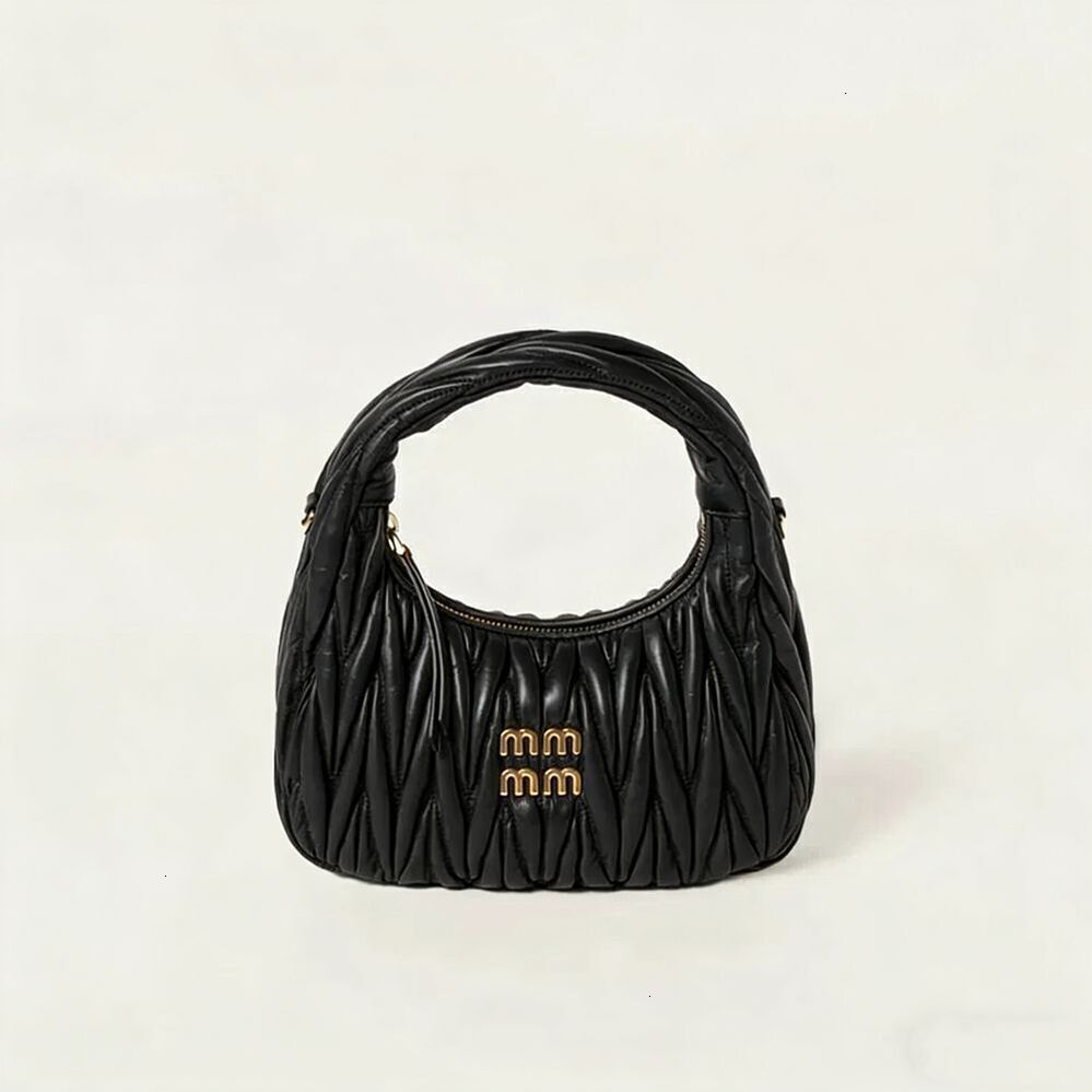 Designer Women's Pleated Genuine Hobo Mini Half Moon Shoulder Metallic Letter Soft Leather Crossbody Versatile Bag for Everyday 2B